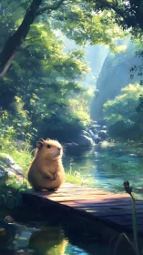 Guinea pig sits on wooden dock beside calm forest stream.