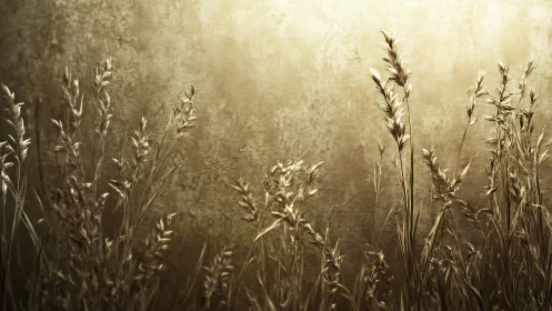 Sepia-toned wild grasses against textured illuminated wall plane