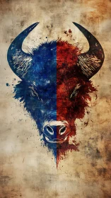Split-color bull portrait with distressed grunge texture.