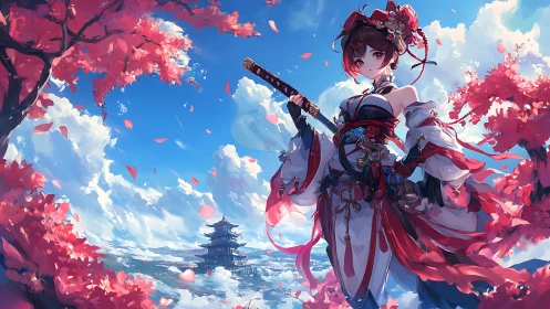 Sword-bearing shrine maiden amid crimson blossom skies.