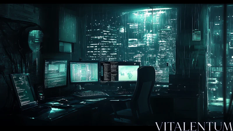 Midnight code fortress hums above the neon-drenched city