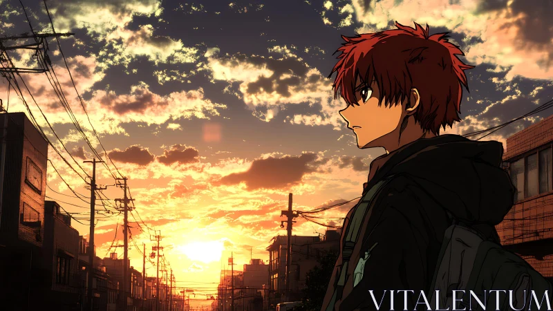 Urban sunset profile of red haired teen under power lines