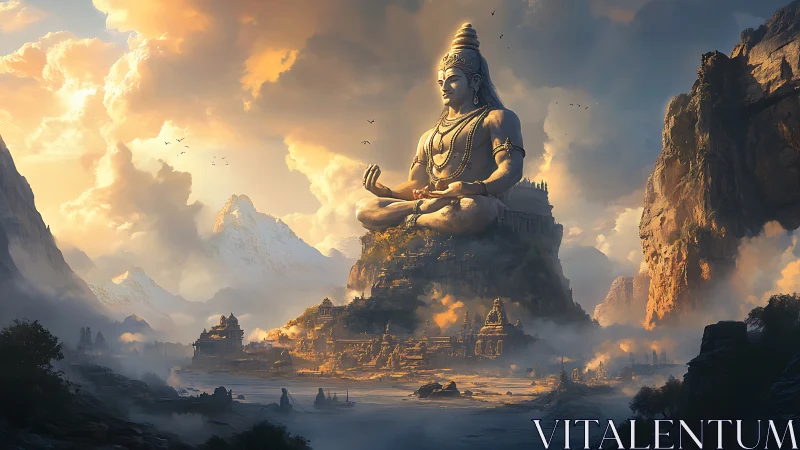 Colossal mountain deity statue dominates misty valley temple