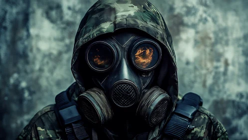 Post-apocalyptic soldier in gas mask, cinematic portrait study.