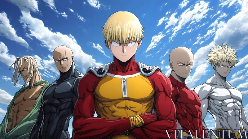 Five stylized male figures stand aligned under a clouded sky