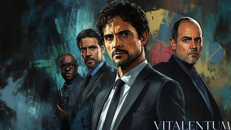 Intense suited agents in stylized noir digital portrait.