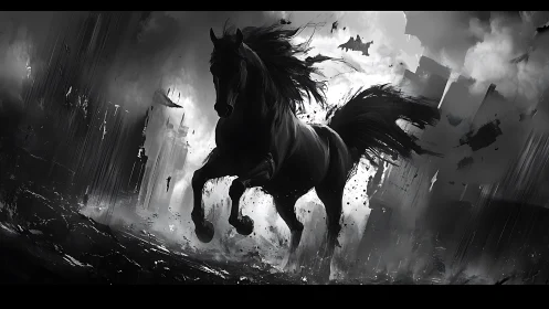Black horse charging through collapsing cityscape scene.