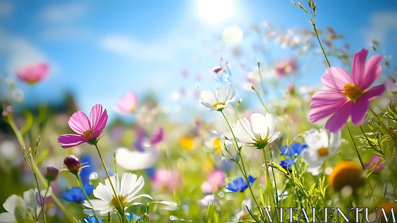 Dreamy Field of Pink, White and Blue Wildflowers.