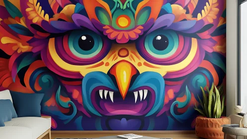Color-drenched owl mural energizes a modern living room wall.