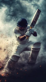Cricket batsman drives ball through smoky dramatic stadium scene
