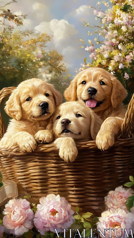 Golden retriever puppies in wicker basket under garden bloom