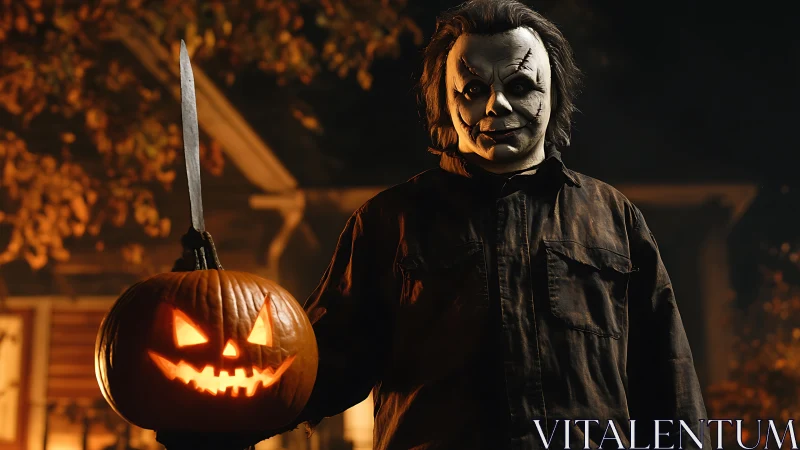 Masked figure with jack-o-lantern and knife on autumn night.