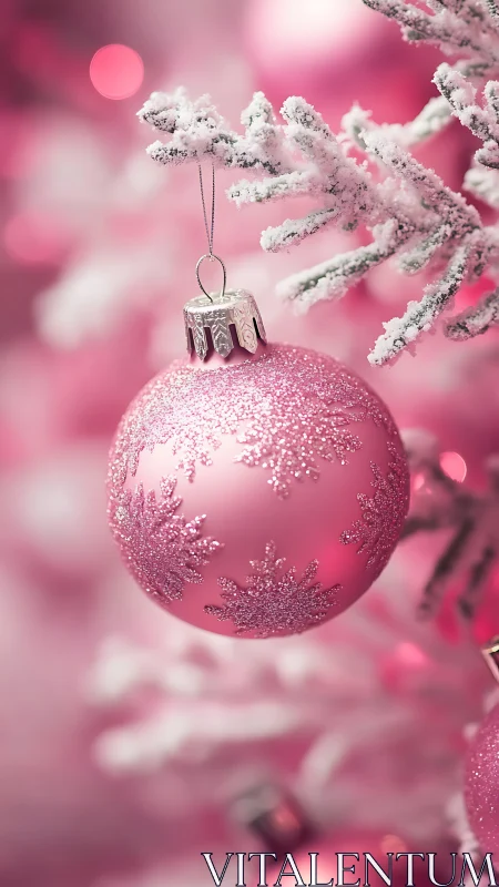 Pink glitter bauble on frosted Christmas tree branch.