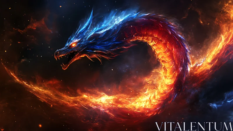 Fiery cosmic dragon swirling through glowing starlit embers.