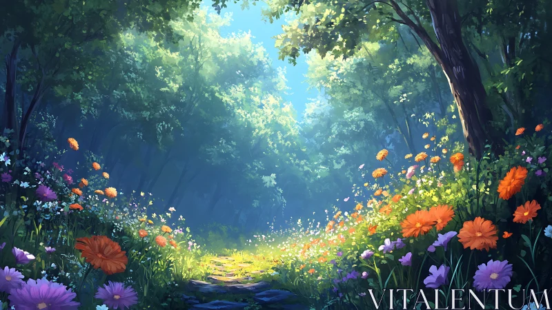 Forest Path with Flowering Borders and Canopy Vegetation