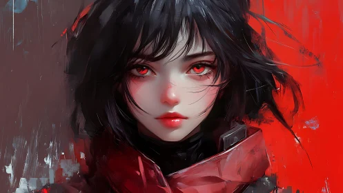 Crimson-eyed wanderer in storm-swept abstract scarlet haze.