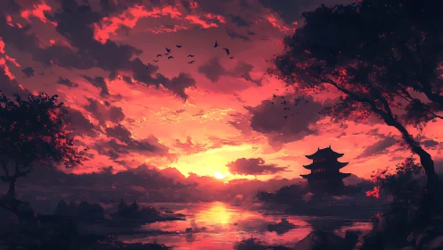 Radiant lakeside sunset embracing a quiet pagoda retreat.