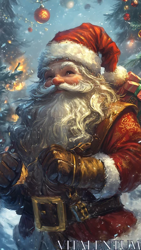 Festive Santa portrait with golden bokeh and snowy fir trees.