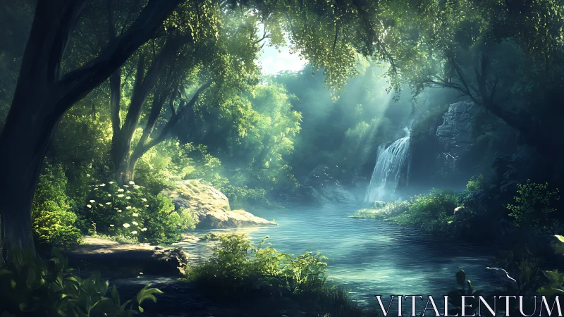 Waterfall in lush forest canyon with bright light rays through canopy