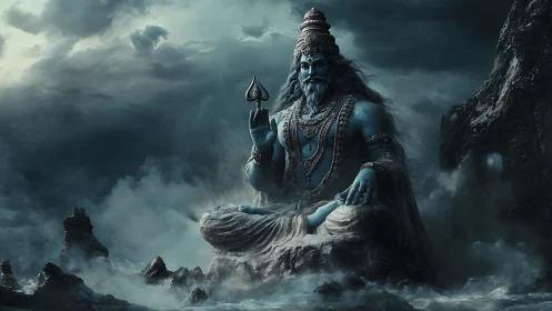 Storm-lit blue deity meditating on rocky ocean throne.