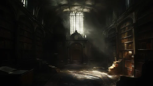 Dimly lit vaulted library interior with tall central window.