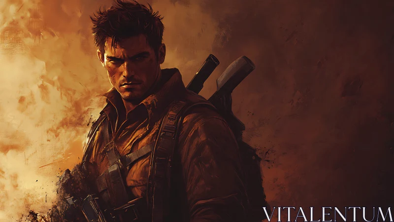 Battle-hardened survivor stands against burning dusk sky.