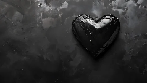 Glossy Black Heart on Textured Surface.