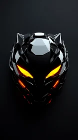 Black robotic mask with glowing orange eyes on black.