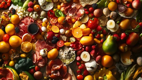 Colorful overhead spread shows mixed fruits, meats and eggs