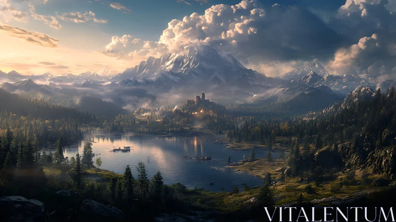 Sunlit mountain kingdom crowned above a tranquil mirror lake.