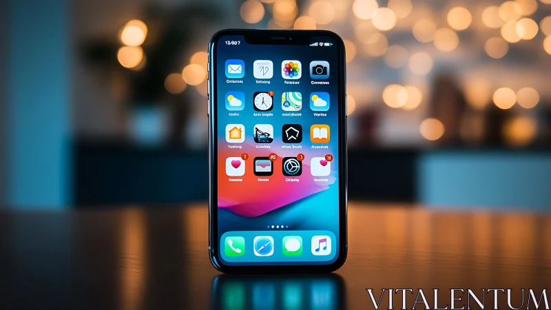 iPhone Home Screen Displaying Colorful App Icons Against Bokeh Background.