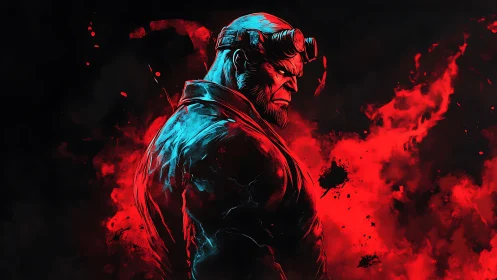 Infernal sentinel broods in electric cyan and crimson storm.