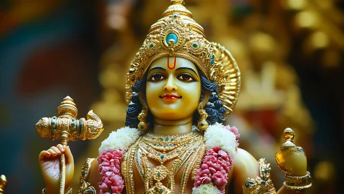 Golden Hindu deity statue with ornate jewelry details.