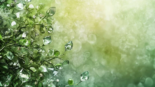 Crystal leaf branches over glowing green bokeh field.