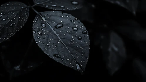 Moody macro study of rain droplets on dark foliage.