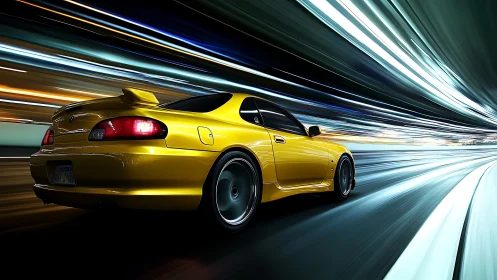Yellow sports coupe races through neon-lit night tunnel.