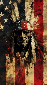 Aged indigenous warrior merges with distressed US flag background