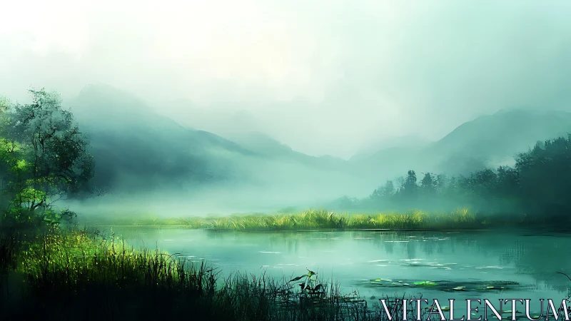 Foggy lake with distant hills and shoreline vegetation.