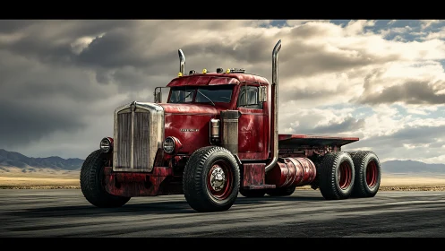 Sunlit red vintage semi truck waiting on open desert road.