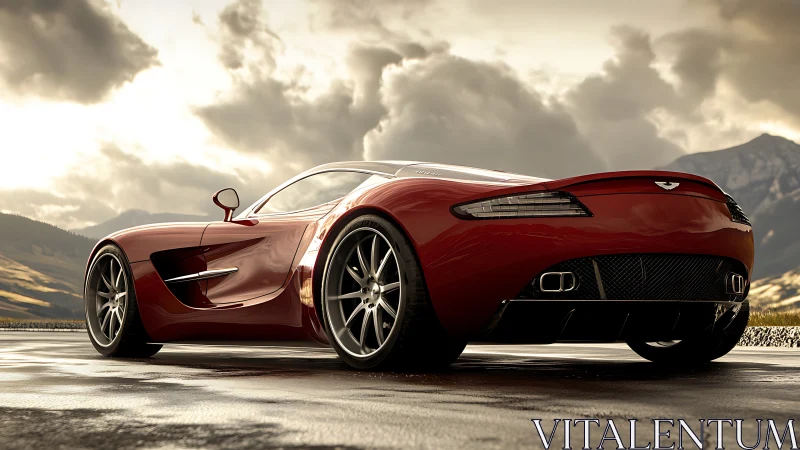 Red sports coupe on wet asphalt under cloudy sky.
