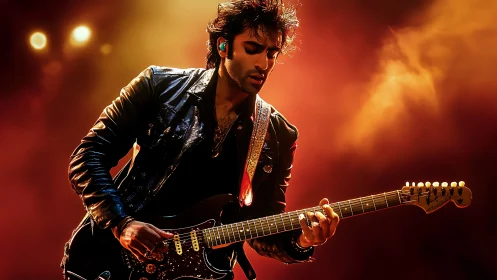 Guitarist in glowing stage lights, lost in electric rhythm.