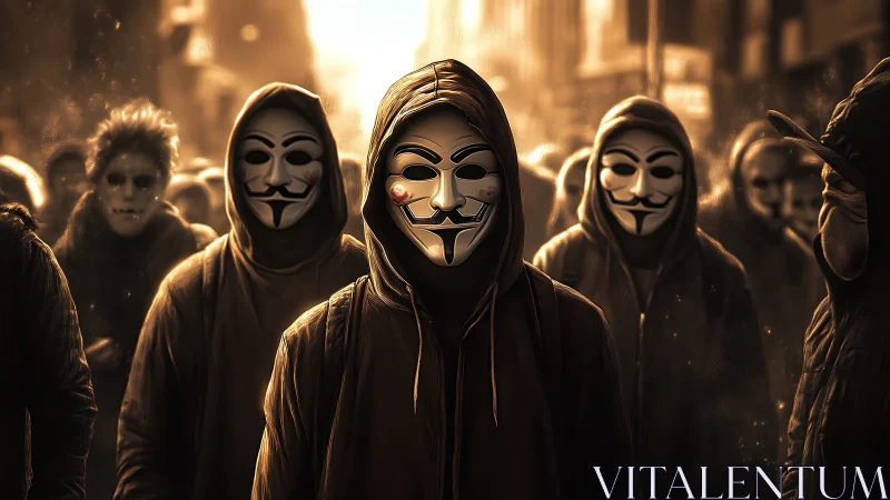 Hooded Guy Fawkes collective in cinematic bokeh alleyway.