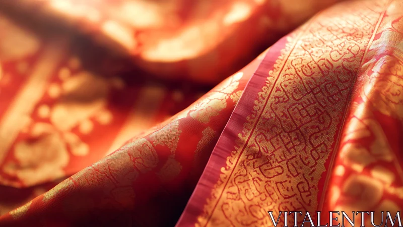 Macro optical study of brocaded red silk with gold jacquard patterns.