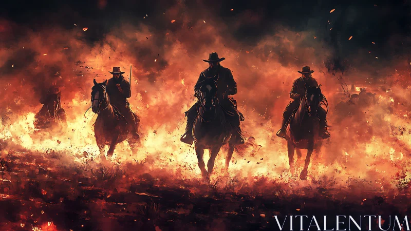 Silhouetted riders advance through wildfire embers in high-contrast
