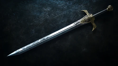 Tempered longsword render with ornate golden crossguard detailing.