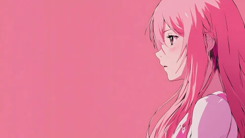 Monochrome side-profile anime portrait in flat pink field.