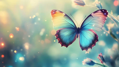 Iridescent butterfly hovers over dreamy bokeh meadow.