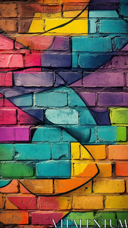 Polychrome geometric graffiti animates textured brick façade