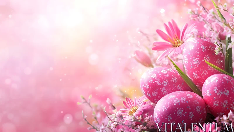 Blossoming spring nest of pink speckled Easter eggs.