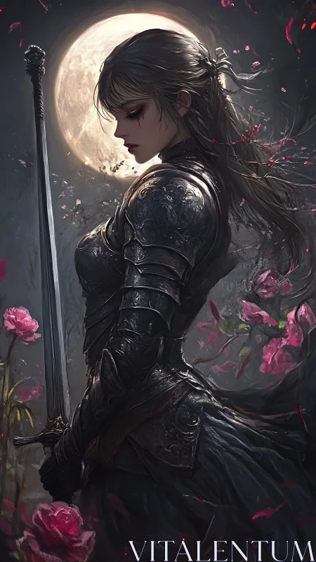 Armored female warrior with sword before full moon.